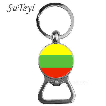 Handmade Beer bottle opener Key Chain Lithuania / Liechtenstein / Lulinburg Flag Keychain Glass Key Ring Jewelry Birthday Gift