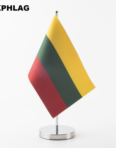 Lithuania Table Flag with Silver Flagpole Base Country Desk Banners 14*21CM for Meeting  KS-0103