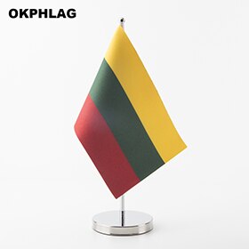 Load image into Gallery viewer, Lithuania Table Flag with Silver Flagpole Base Country Desk Banners 14*21CM for Meeting  KS-0103

