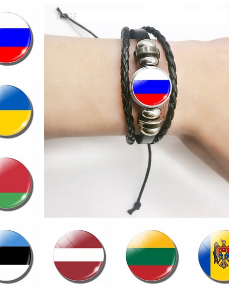 2019 Fashion Flag Bracelet Russia Ukraine Belarus Estonia Latvia Lithuania Moldova Flag Charm Leather Bracelets Gifts for Men