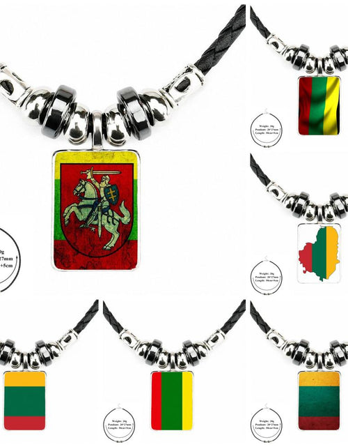 Load image into Gallery viewer, EJ Glaze Lithuania Flag For Men Women Gift Black Leather Bead Pendant Handmade Glass Long Necklace Jewelry Good Condition
