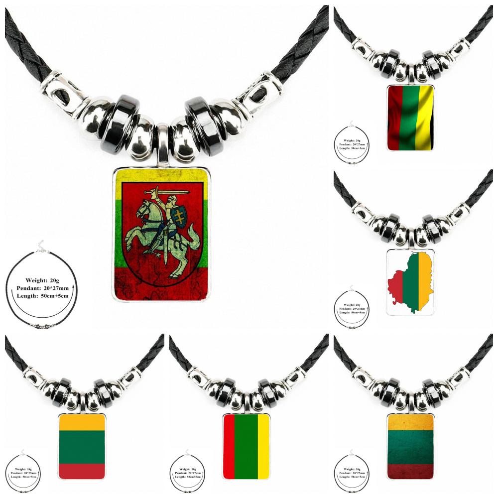 EJ Glaze Lithuania Flag For Men Women Gift Black Leather Bead Pendant Handmade Glass Long Necklace Jewelry Good Condition