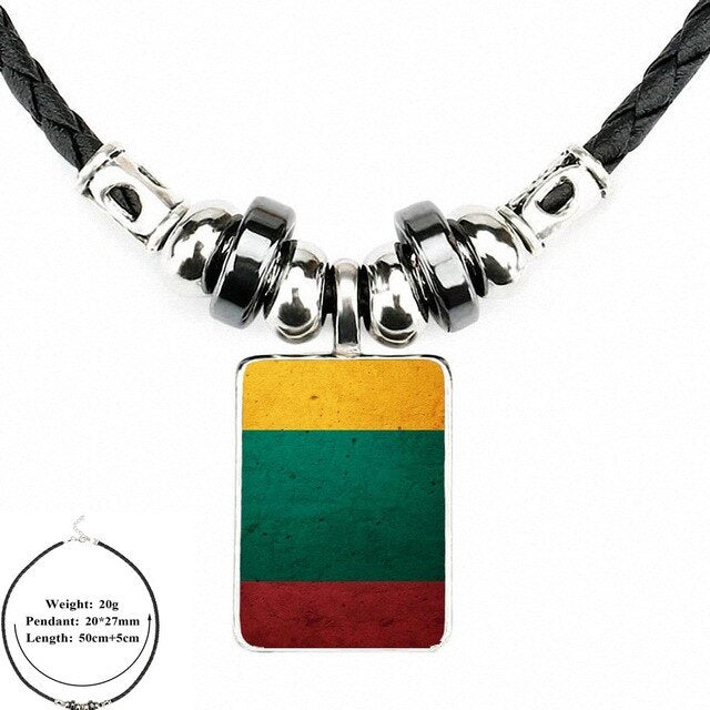 EJ Glaze Lithuania Flag For Men Women Gift Black Leather Bead Pendant Handmade Glass Long Necklace Jewelry Good Condition