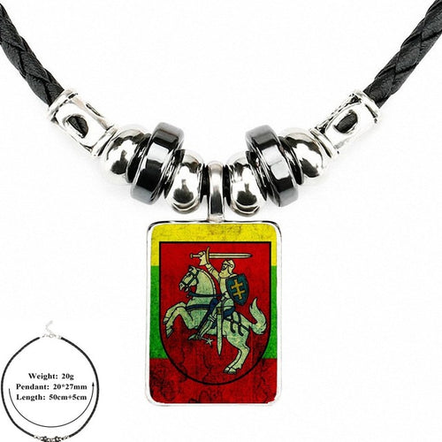 Load image into Gallery viewer, EJ Glaze Lithuania Flag For Men Women Gift Black Leather Bead Pendant Handmade Glass Long Necklace Jewelry Good Condition
