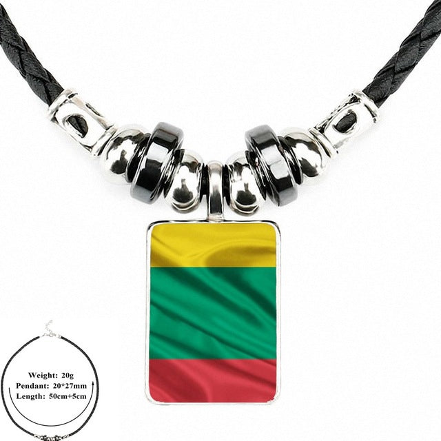 EJ Glaze Lithuania Flag For Men Women Gift Black Leather Bead Pendant Handmade Glass Long Necklace Jewelry Good Condition