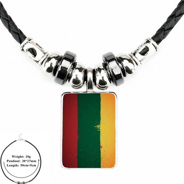 EJ Glaze Lithuania Flag For Men Women Gift Black Leather Bead Pendant Handmade Glass Long Necklace Jewelry Good Condition