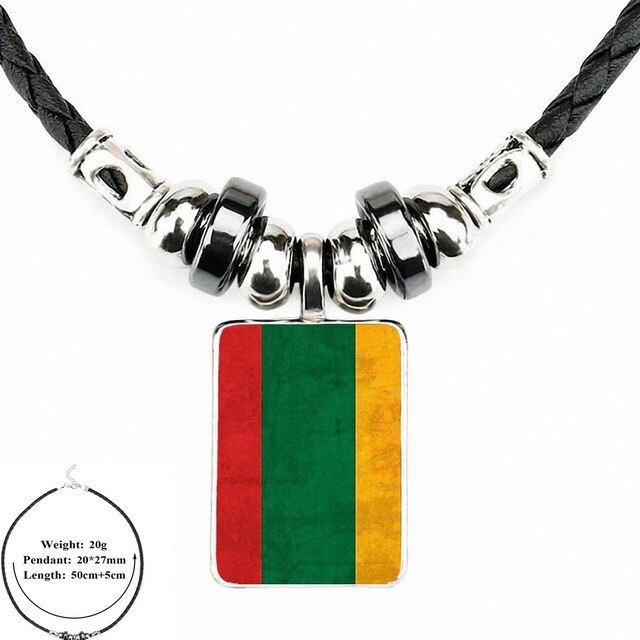 EJ Glaze Lithuania Flag For Men Women Gift Black Leather Bead Pendant Handmade Glass Long Necklace Jewelry Good Condition