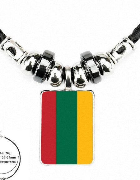 EJ Glaze Lithuania Flag For Men Women Gift Black Leather Bead Pendant Handmade Glass Long Necklace Jewelry Good Condition