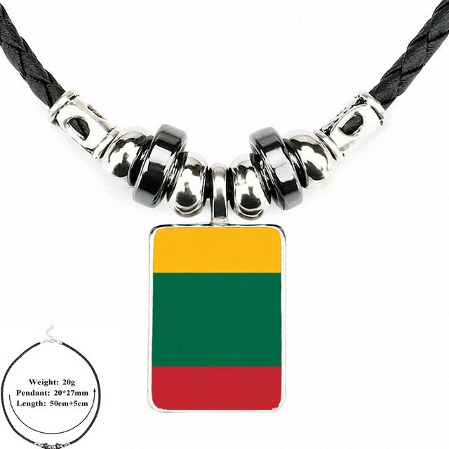 EJ Glaze Lithuania Flag For Men Women Gift Black Leather Bead Pendant Handmade Glass Long Necklace Jewelry Good Condition