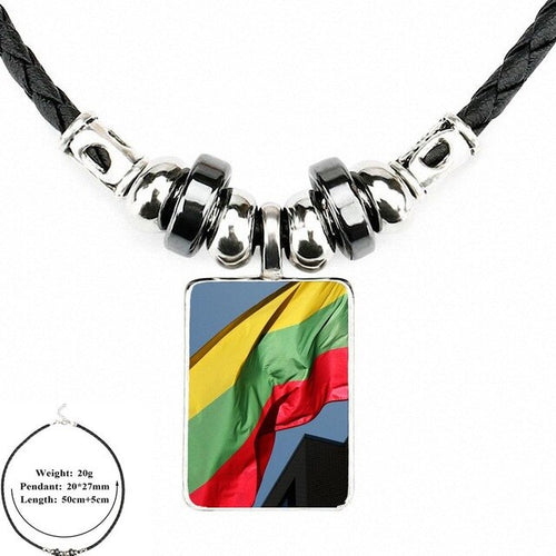Load image into Gallery viewer, EJ Glaze Lithuania Flag For Men Women Gift Black Leather Bead Pendant Handmade Glass Long Necklace Jewelry Good Condition
