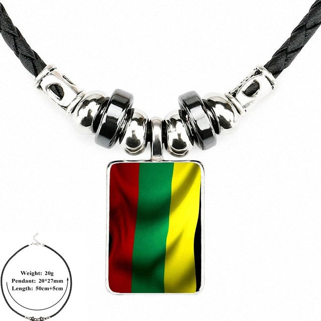 EJ Glaze Lithuania Flag For Men Women Gift Black Leather Bead Pendant Handmade Glass Long Necklace Jewelry Good Condition