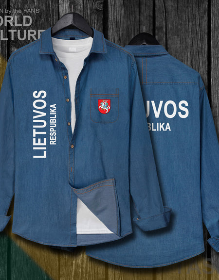 Lithuania Lithuanian LTU Lietuva Lietuvos Tops Men Clothes Autumn Cotton Turn-down Collar Jeans Shirt Long Sleeve Cowboy Coat 20