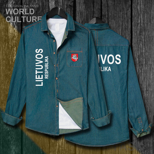 Load image into Gallery viewer, Lithuania Lithuanian LTU Lietuva Lietuvos Tops Men Clothes Autumn Cotton Turn-down Collar Jeans Shirt Long Sleeve Cowboy Coat 20

