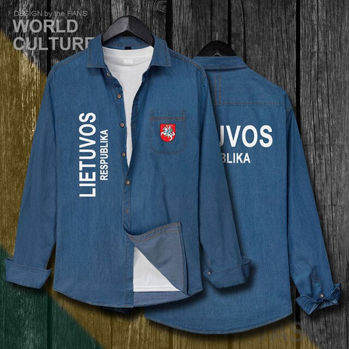 Load image into Gallery viewer, Lithuania Lithuanian LTU Lietuva Lietuvos Tops Men Clothes Autumn Cotton Turn-down Collar Jeans Shirt Long Sleeve Cowboy Coat 20
