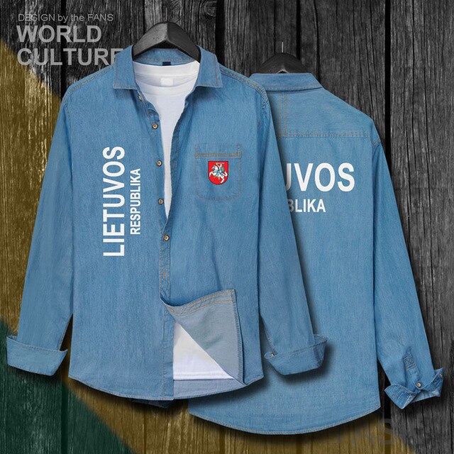 Lithuania Lithuanian LTU Lietuva Lietuvos Tops Men Clothes Autumn Cotton Turn-down Collar Jeans Shirt Long Sleeve Cowboy Coat 20