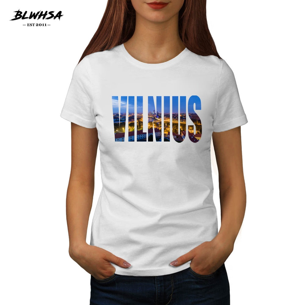 BLWHSA New Vilnius Print T Shirt Women Lithuania City Vilnius 100% Cotton Summer Female T-Shirt Fashion Casual Funny Women Tees