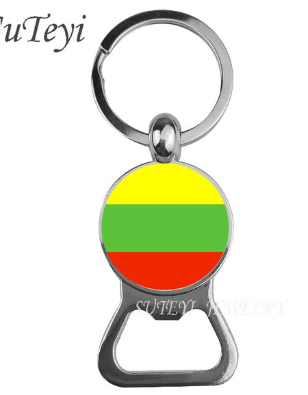 Handmade Beer bottle opener Key Chain Lithuania / Liechtenstein / Lulinburg Flag Keychain Glass Key Ring Jewelry Birthday Gift