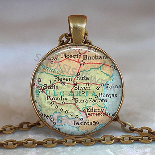 Load image into Gallery viewer, New Arrived Glass Dome Necklace World Map Pendant Bronze Chain Jewelry Lithuania Vintage Map Handmade Glass Cabochon Necklace
