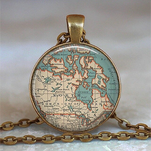 New Arrived Glass Dome Necklace World Map Pendant Bronze Chain Jewelry Lithuania Vintage Map Handmade Glass Cabochon Necklace